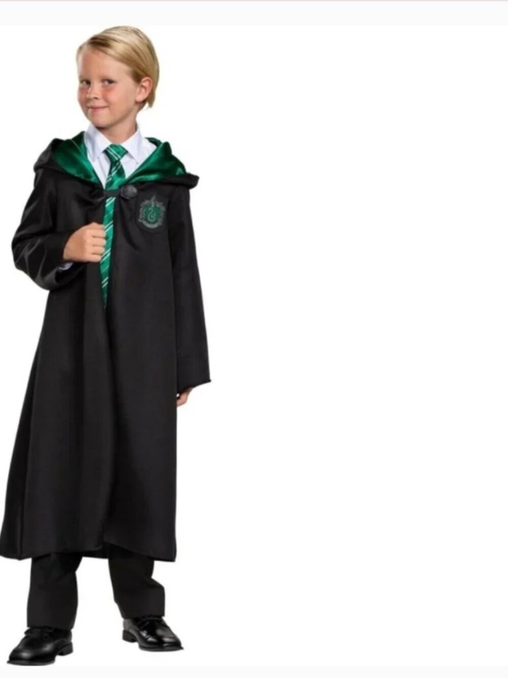 Harry Potter Slytherin Robe & Scarf Halloween Costume 4/6 Black Green Hooded - Picture 2 of 9